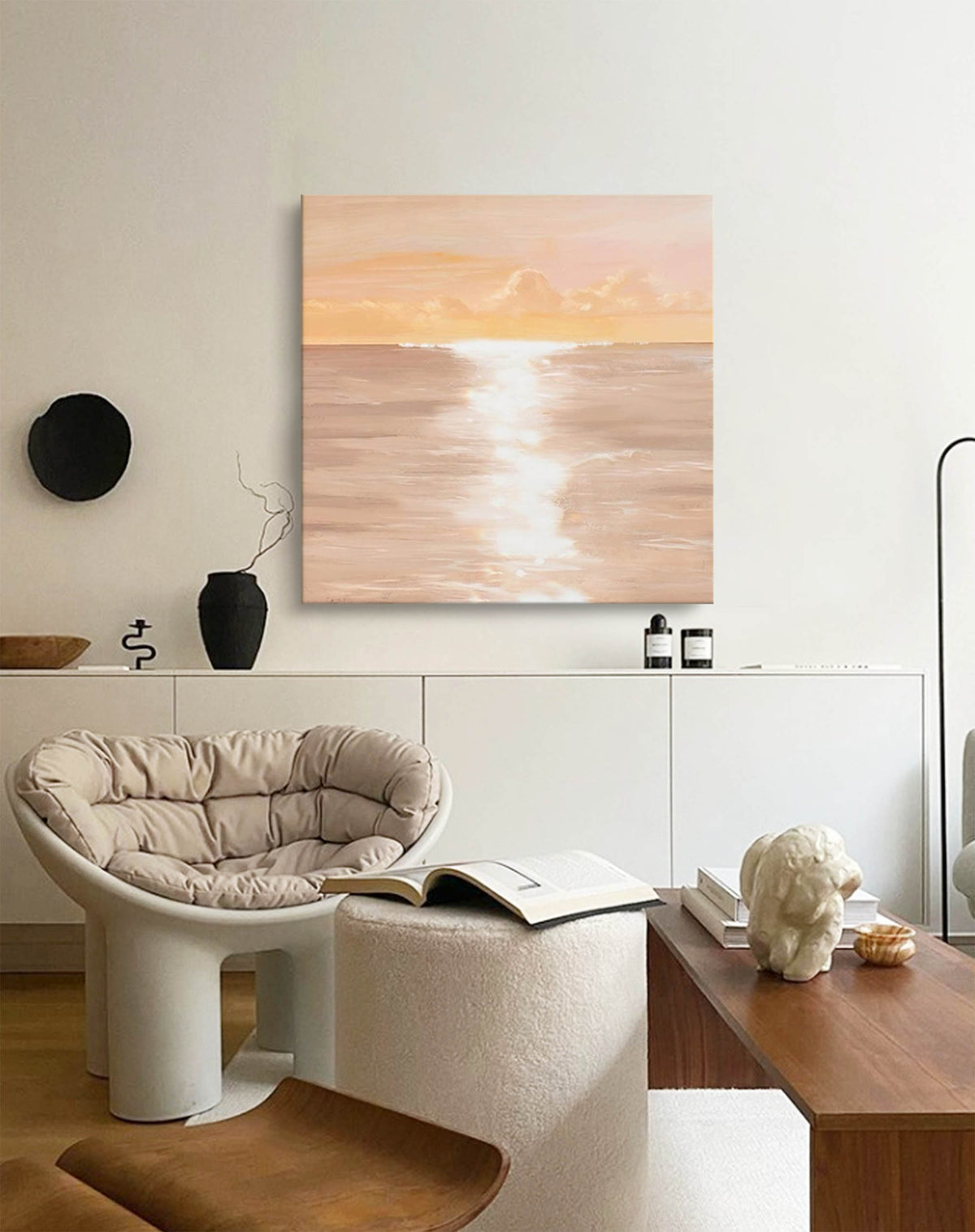 Serene Coastal Sunset Oil Painting Soft Peach