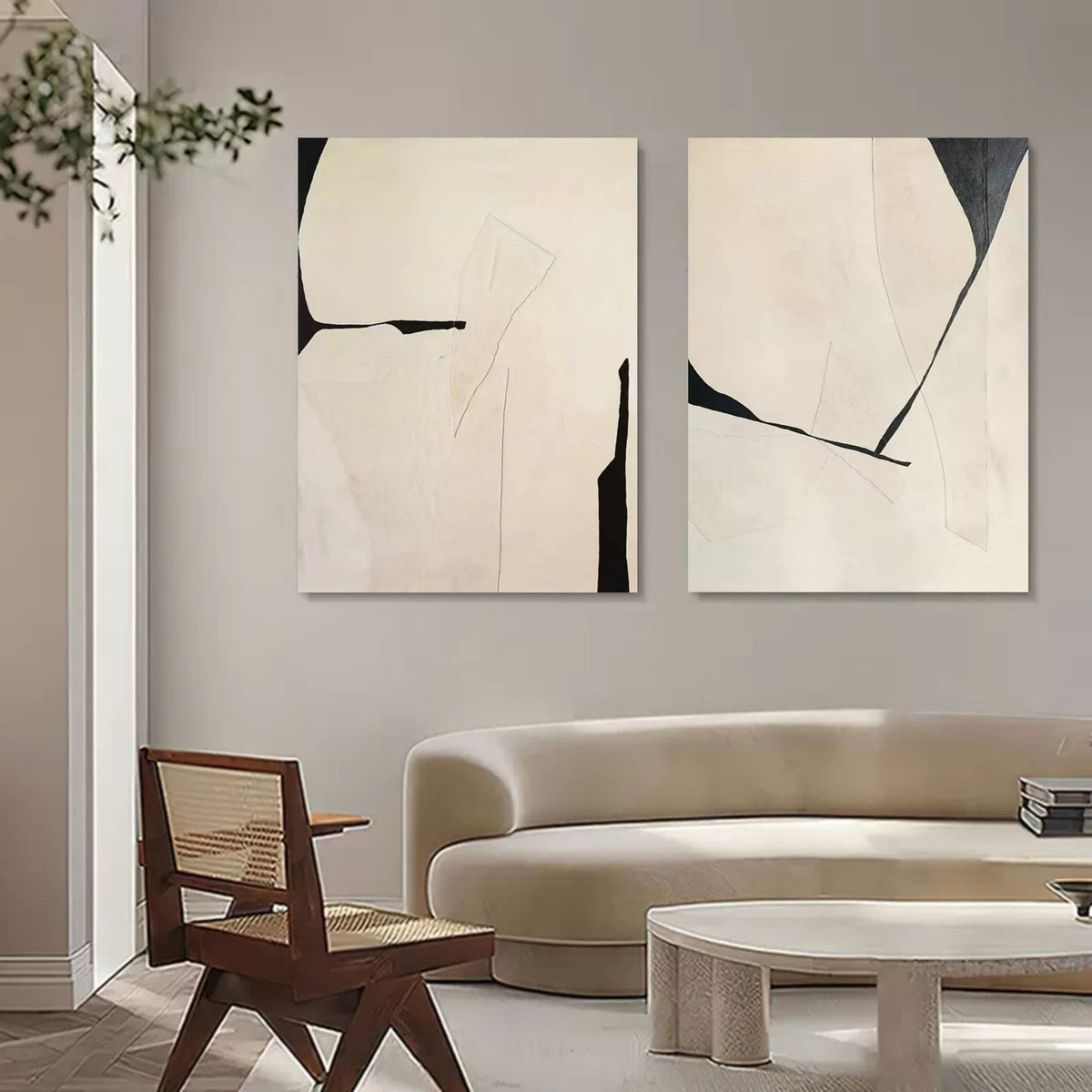 Minimalist Diptych Painting Neutral Geometric Wall Art