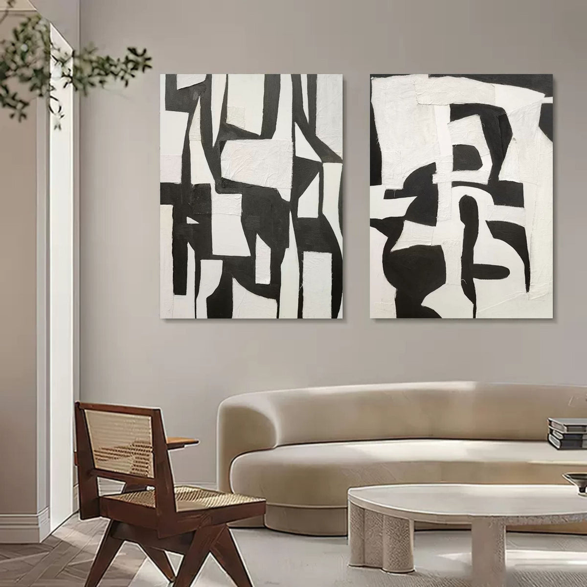 Set Of 2 Black White Collage Diptych Oil Painting