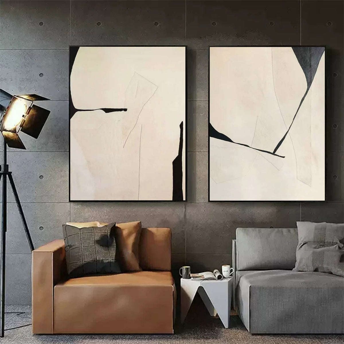Minimalist Diptych Painting Neutral Geometric Wall Art