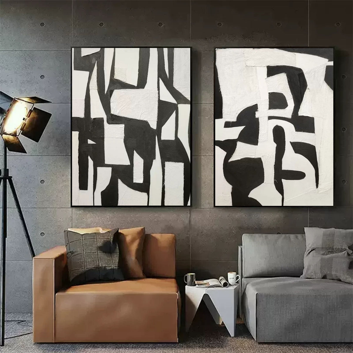 Set Of 2 Black White Collage Diptych Oil Painting
