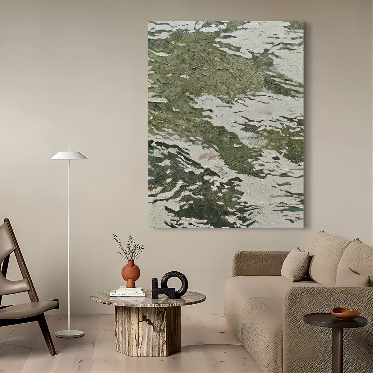 Textured Abstract Green & White Wave Oil Painting