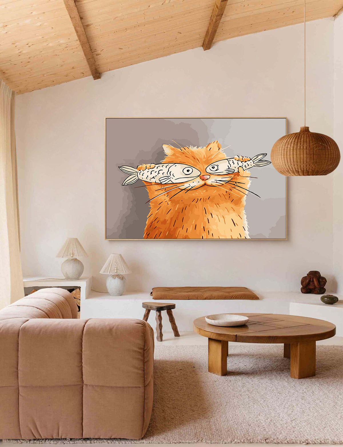 Whimsical Cat Fish Wall Art Playful Orange Cat