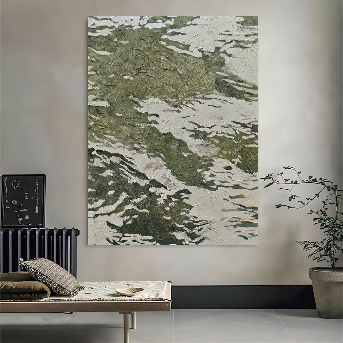 Textured Abstract Green & White Wave Oil Painting