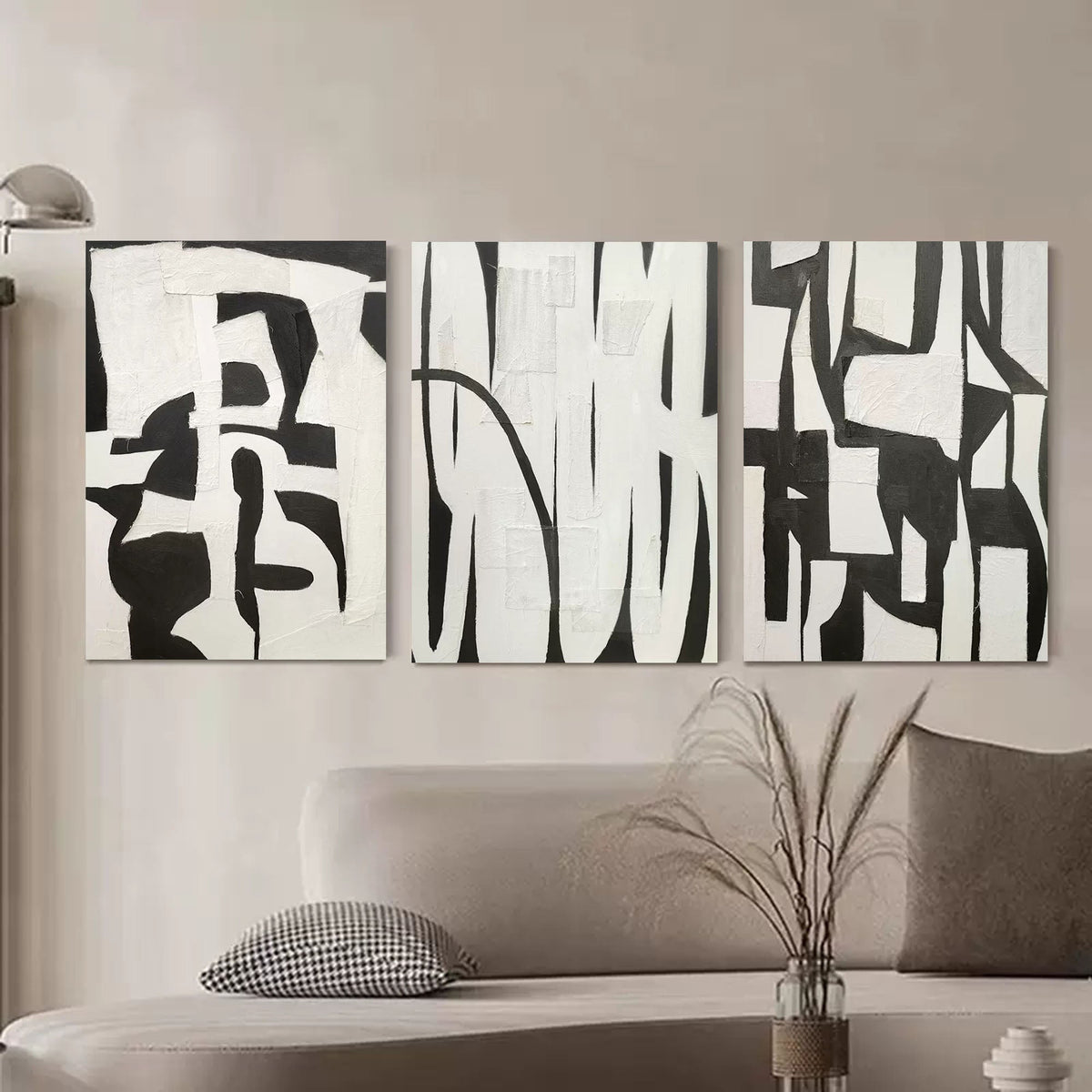 Monochrome Abstract Triptych Oil Painting