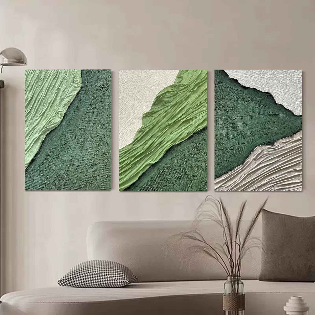 Green Textured Triptych Painting Set of 3