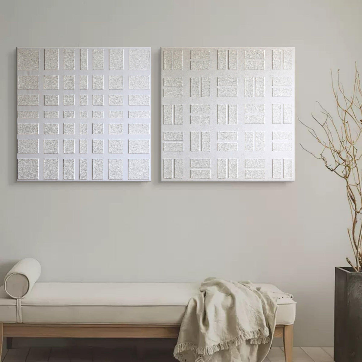 Wall Art Geometric Grid Symmetrical Panels Linen Canvas