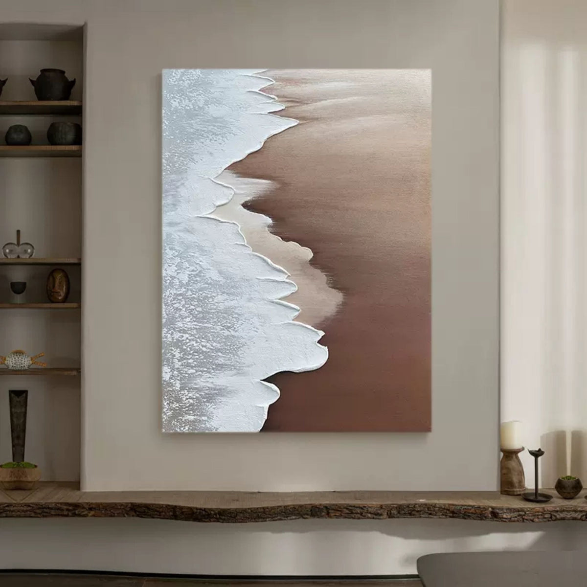 Minimalist Beach Wave Bas-Relief Painting