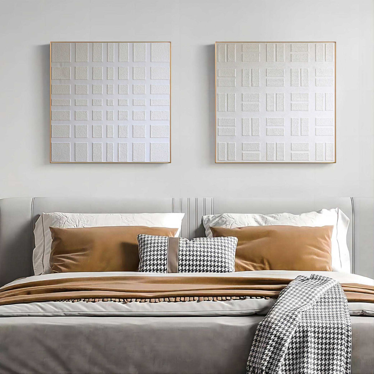 Wall Art Geometric Grid Symmetrical Panels Linen Canvas