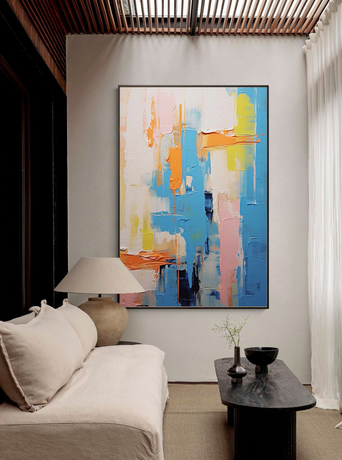 Impasto Geometric Abstract Painting Blue And Pink