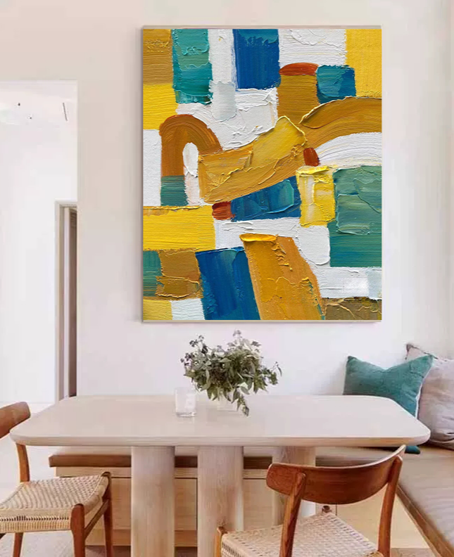 Bold Color Block Impasto Oil Painting Blue Yellow