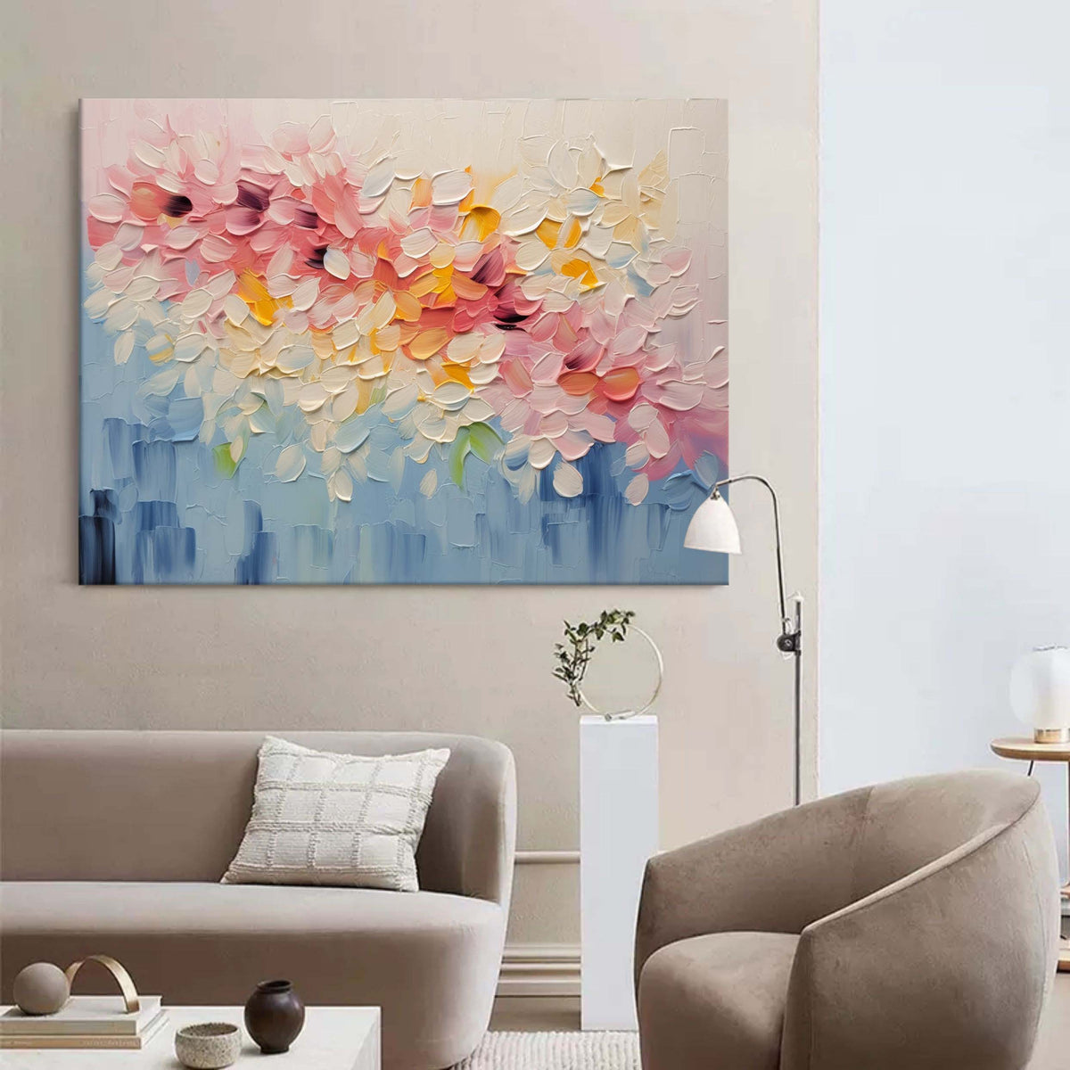 Vibrant Floral Impasto Painting Textured Pink Yellow