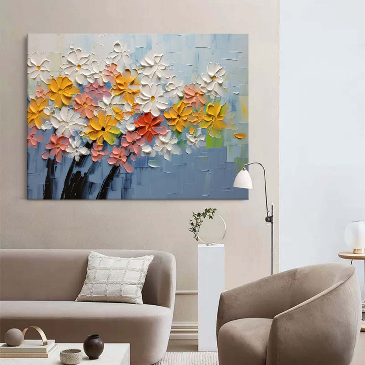 Tactile Impasto Floral Oil Painting Multi-Color Blooms