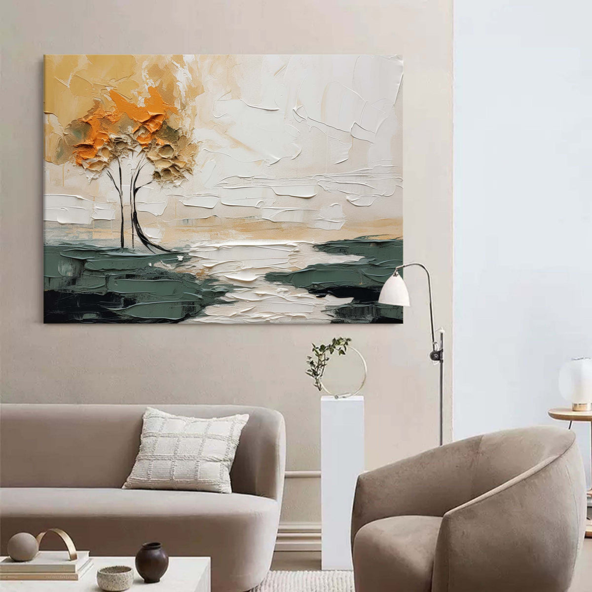 Autumn Duo Trees Impasto Landscape Painting