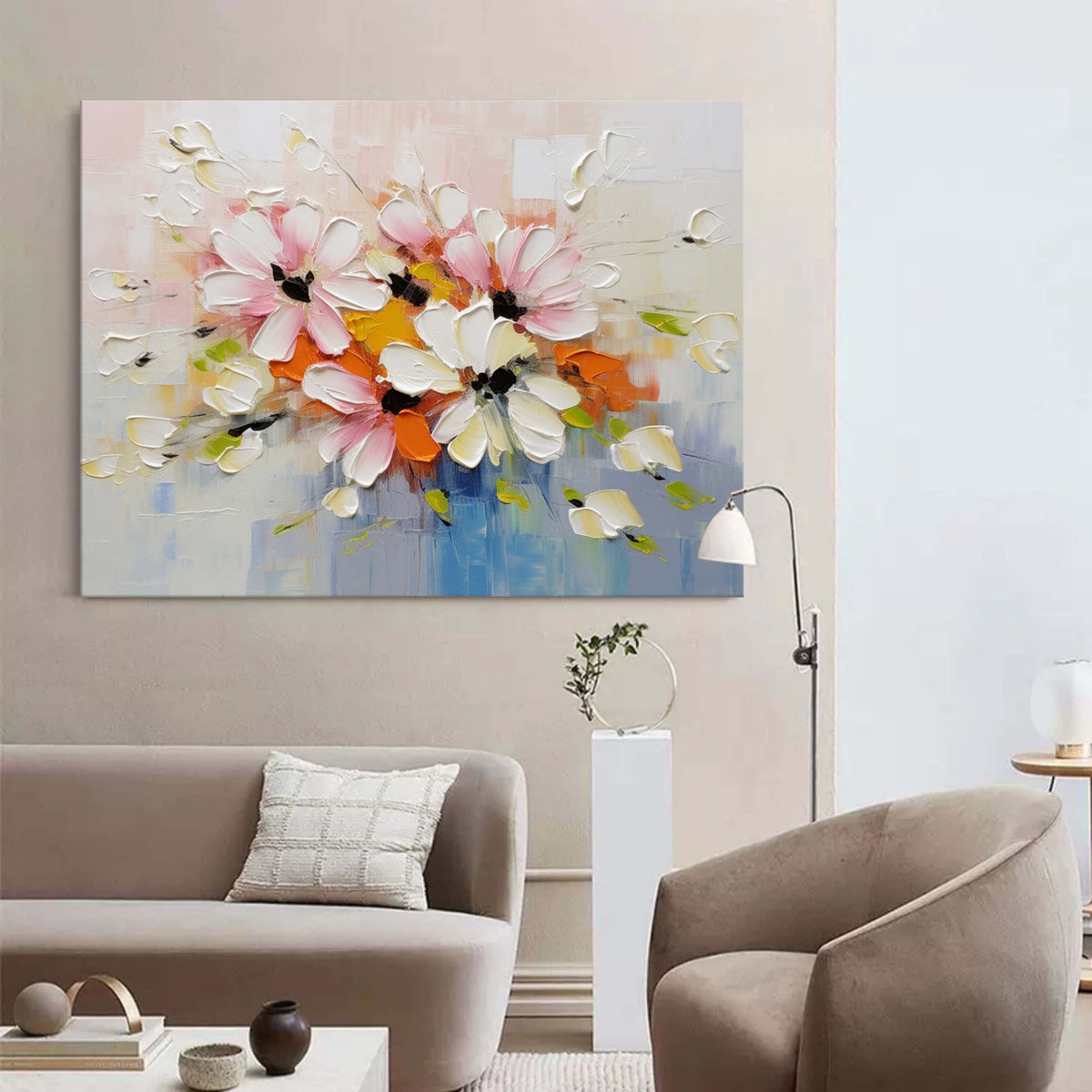 Tactile Impasto Floral Oil Painting Pink Orange Blooms