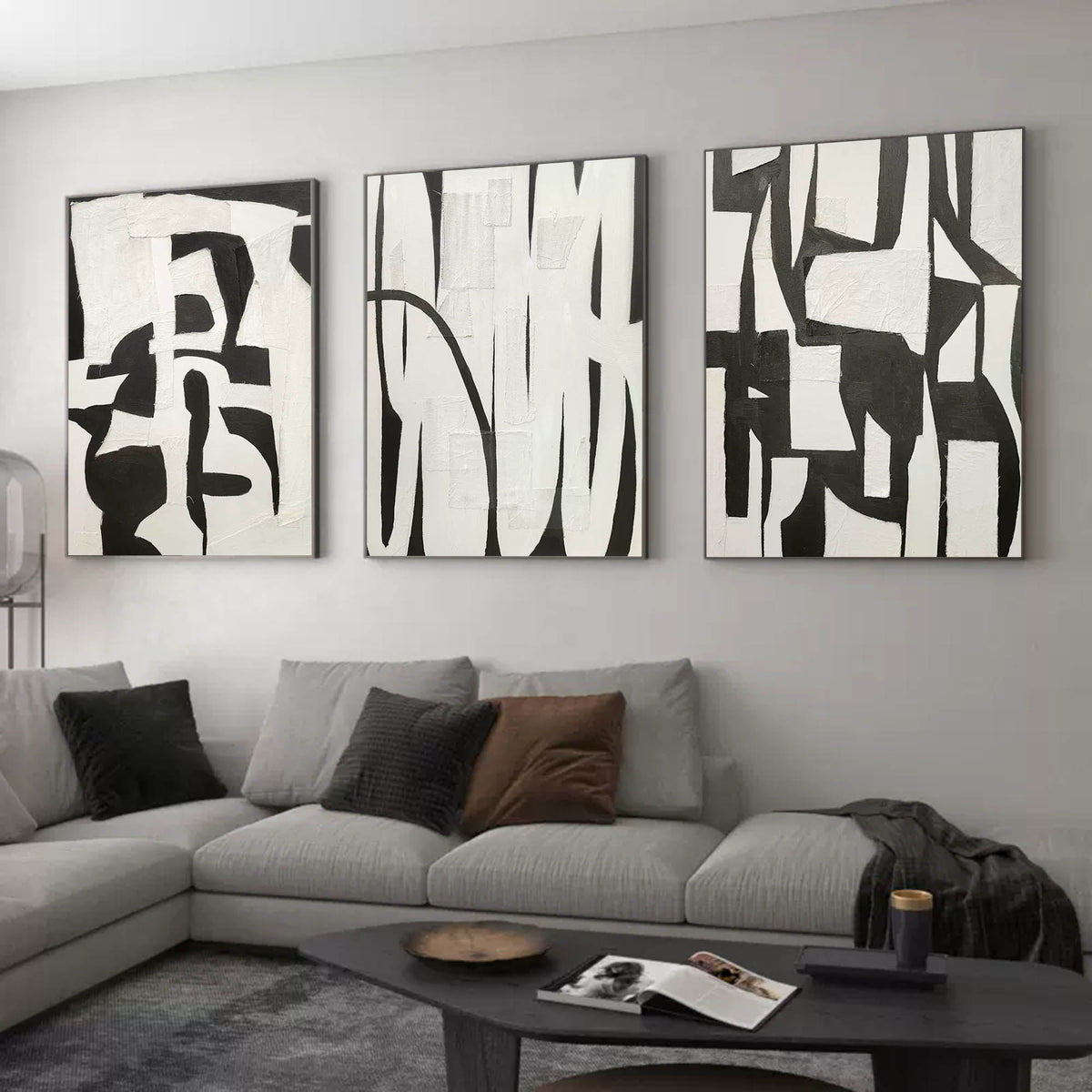 Monochrome Abstract Triptych Oil Painting