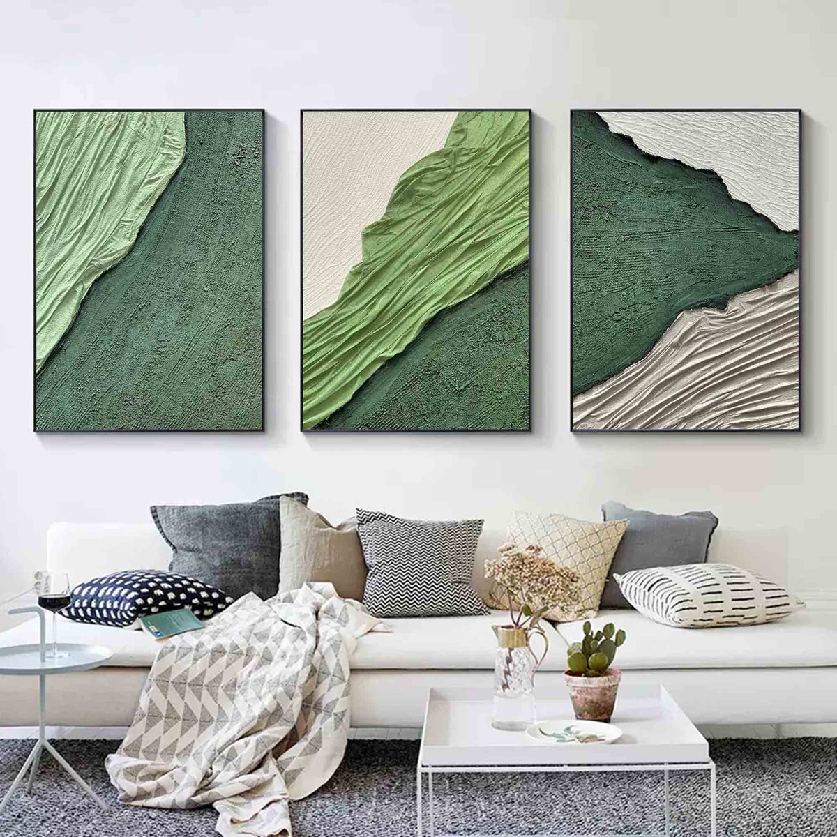Green Textured Triptych Painting Set of 3