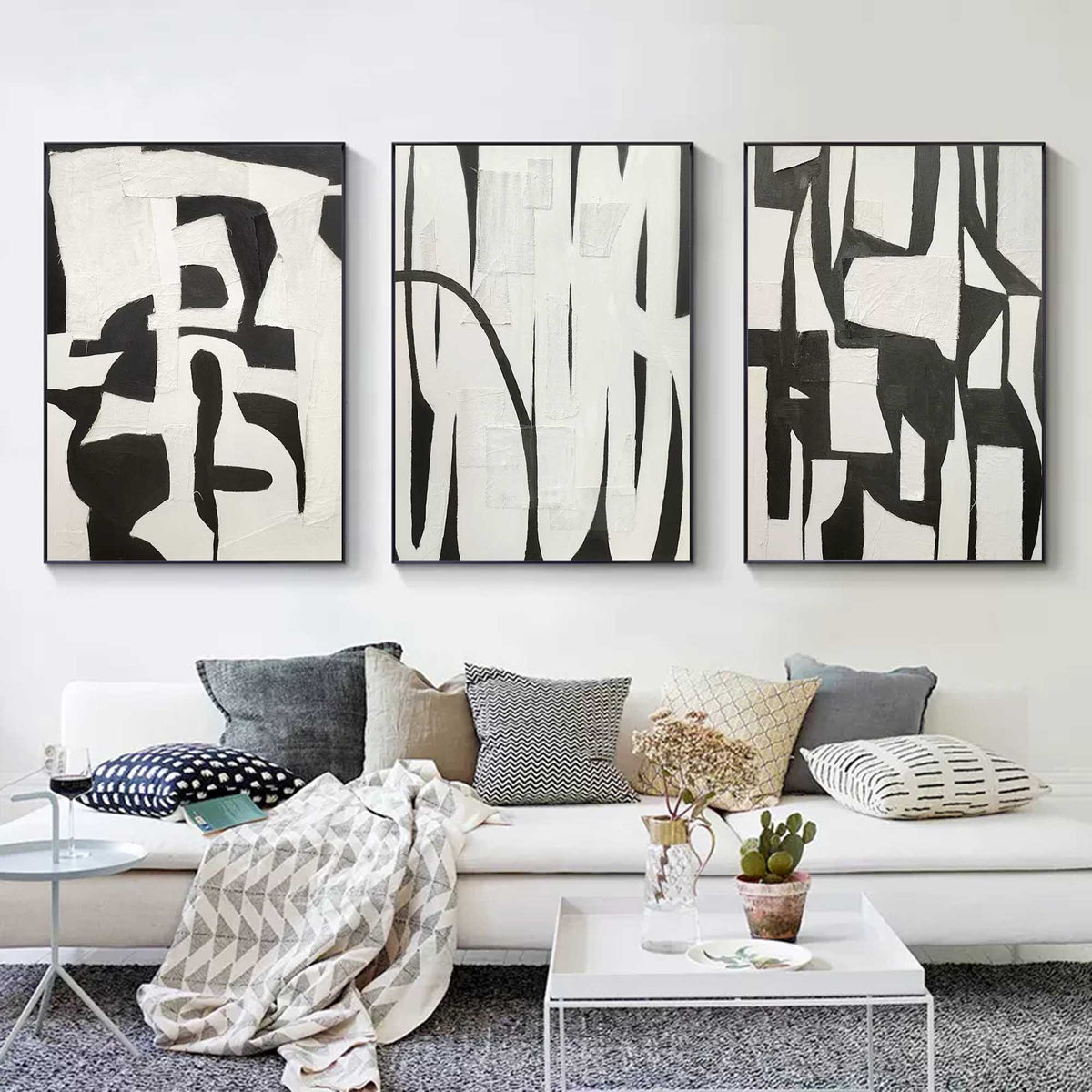Monochrome Abstract Triptych Oil Painting