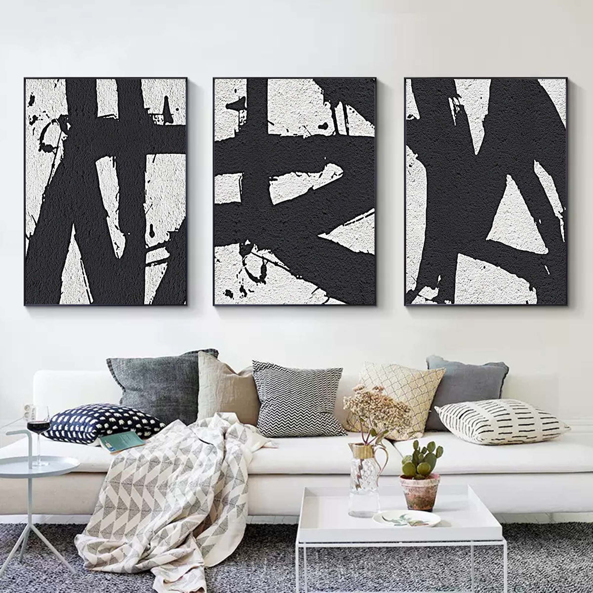 Set of 3 Black White Triptych Wall Art Textured