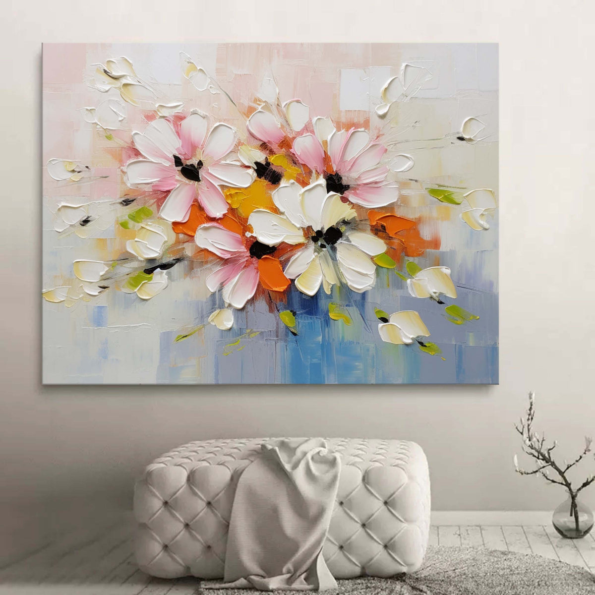 Tactile Impasto Floral Oil Painting Pink Orange Blooms