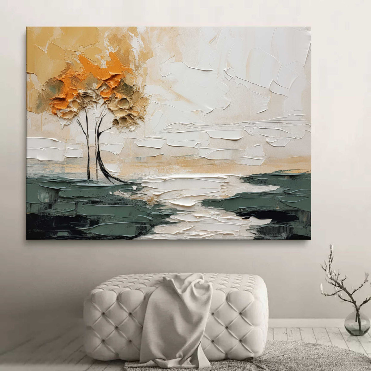 Autumn Duo Trees Impasto Landscape Painting