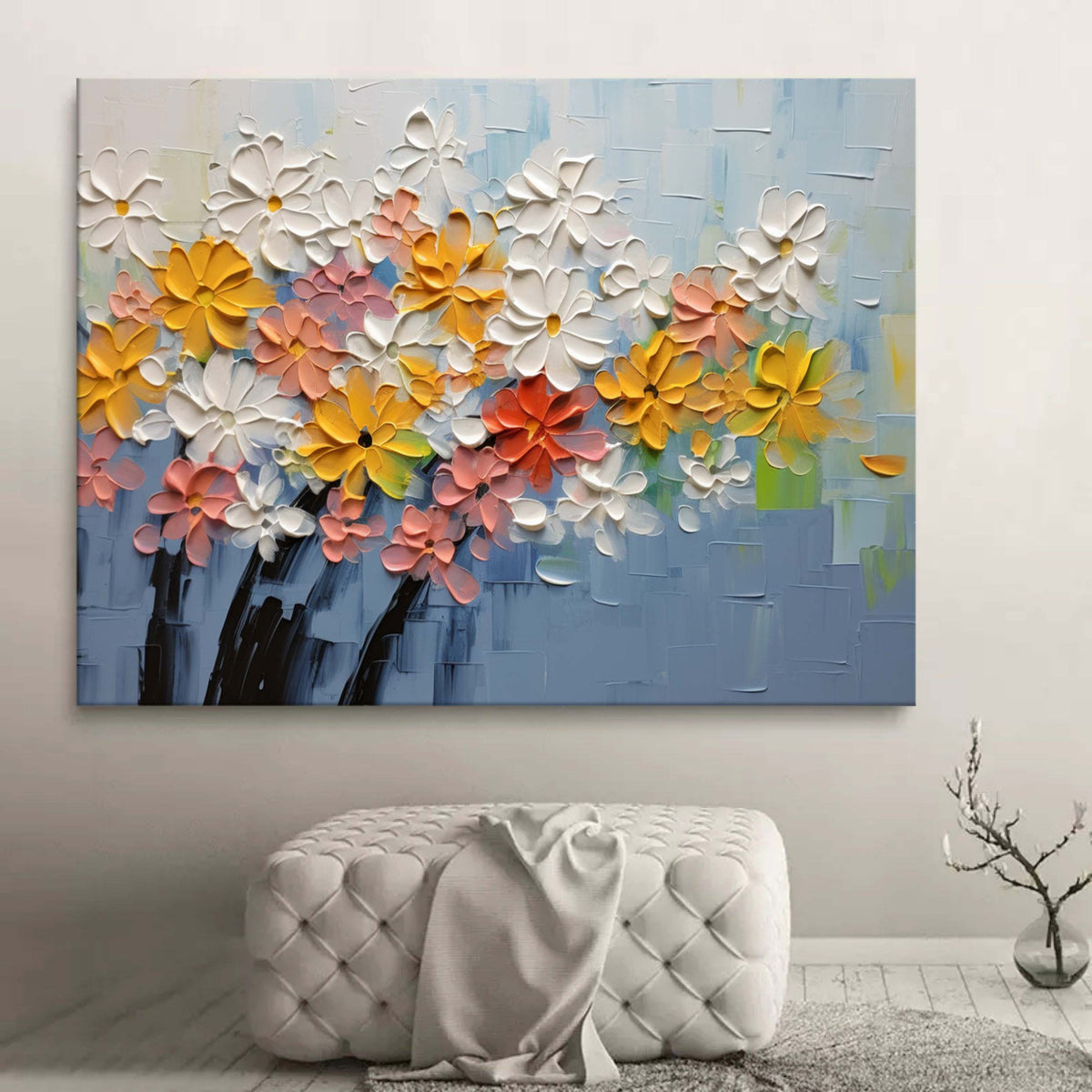 Tactile Impasto Floral Oil Painting Multi-Color Blooms