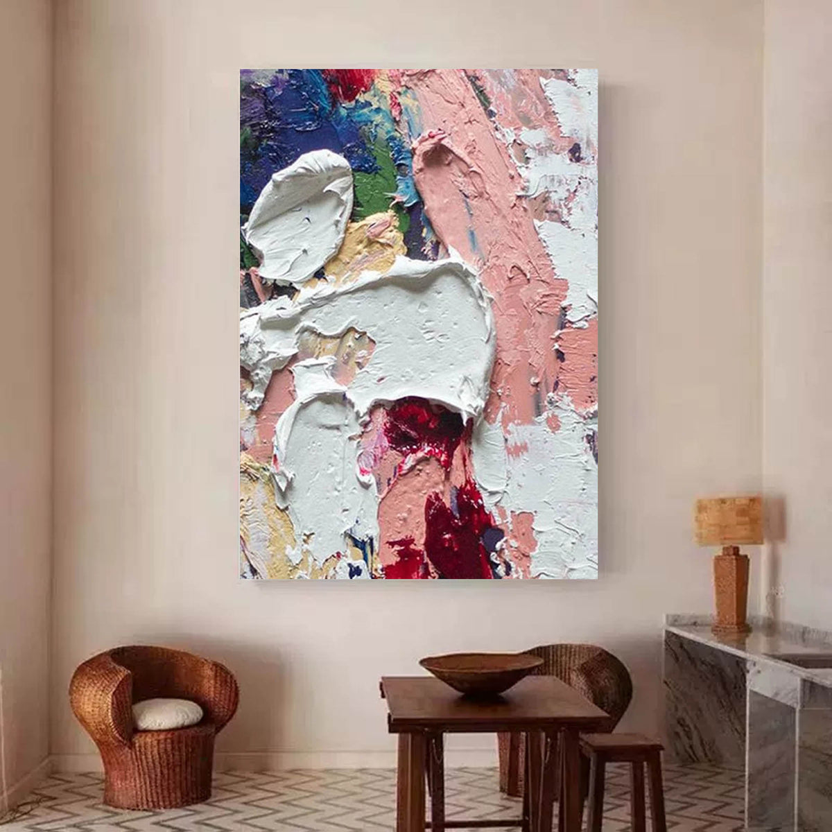 Thick Impasto White Pink Red Abstract Oil Painting