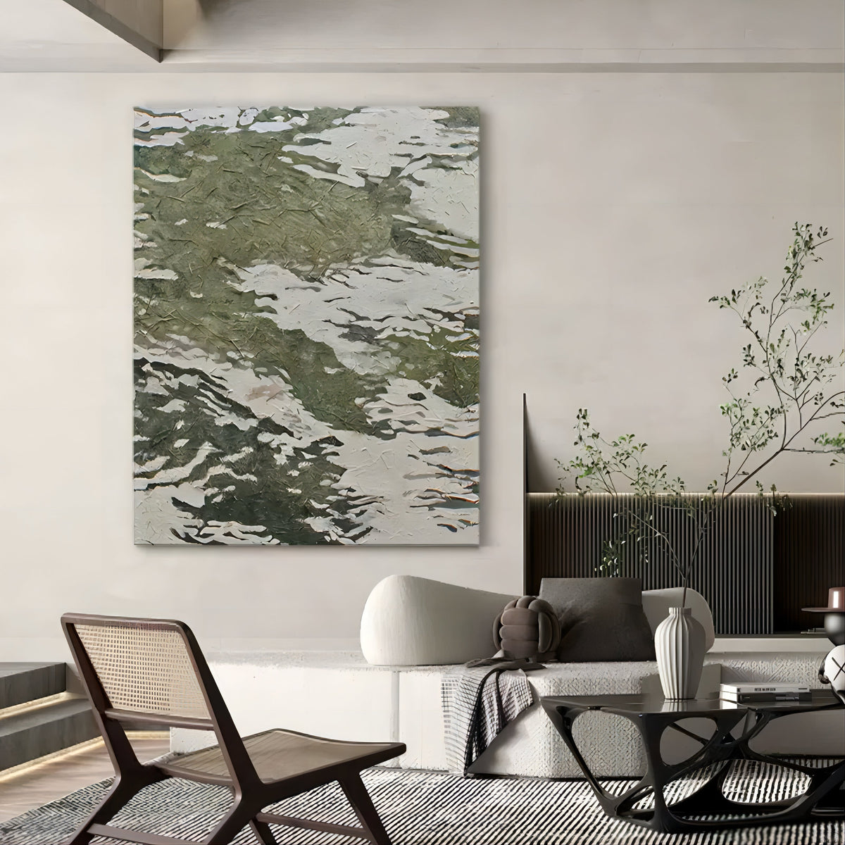Textured Abstract Green & White Wave Oil Painting