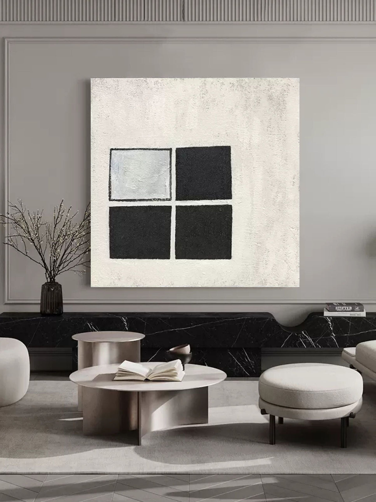 Wabi-Sabi Minimalist Black and White Grid Impasto Oil Painting