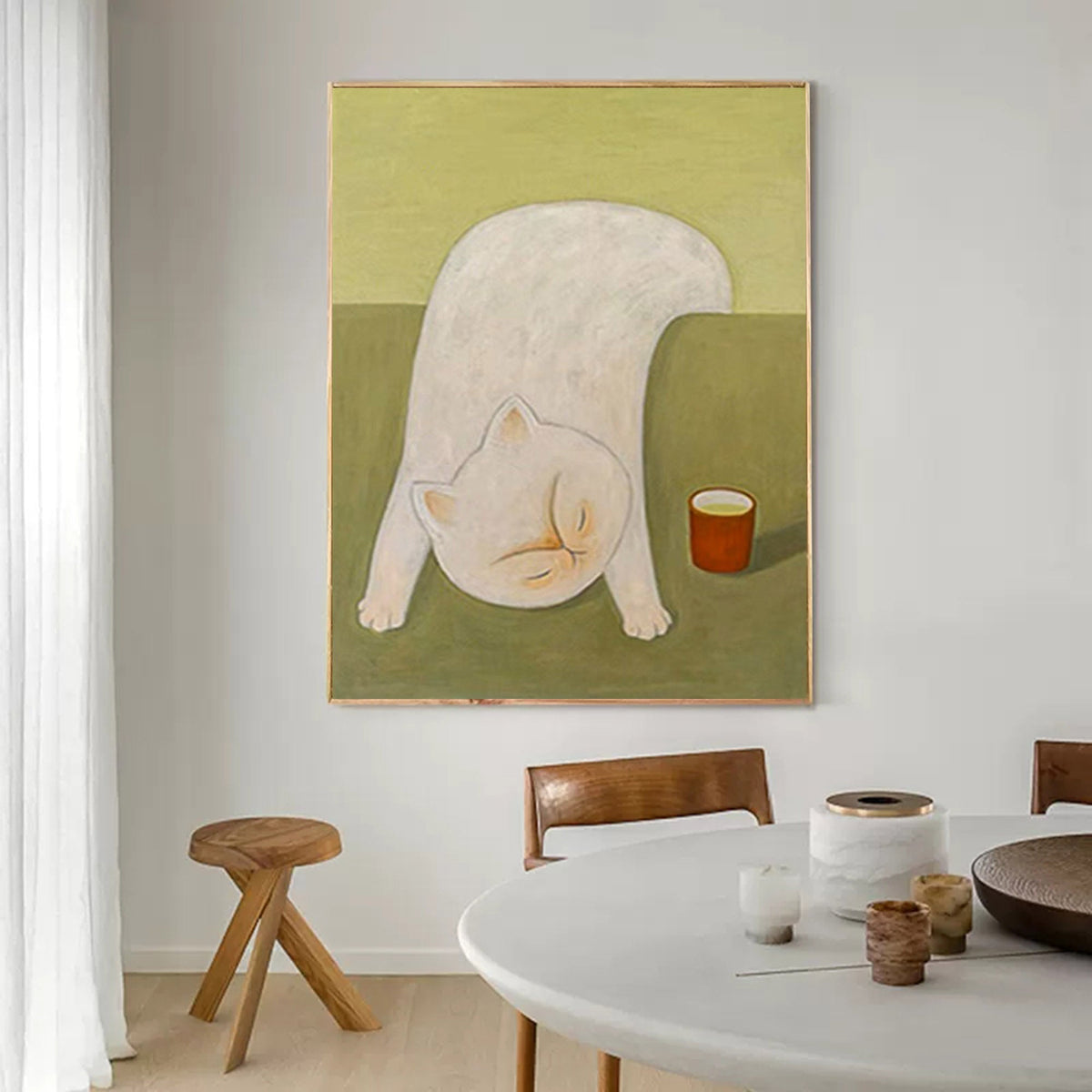 Whimsical Stretching White Cat Cozy Wall Art