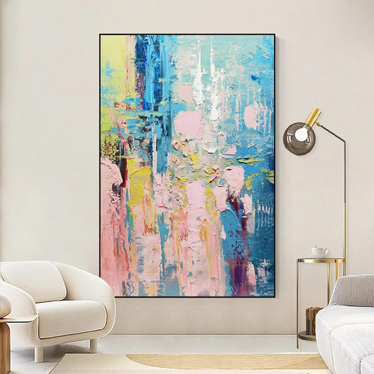 Vibrant Impasto Oil Painting Blue Pink Yellow