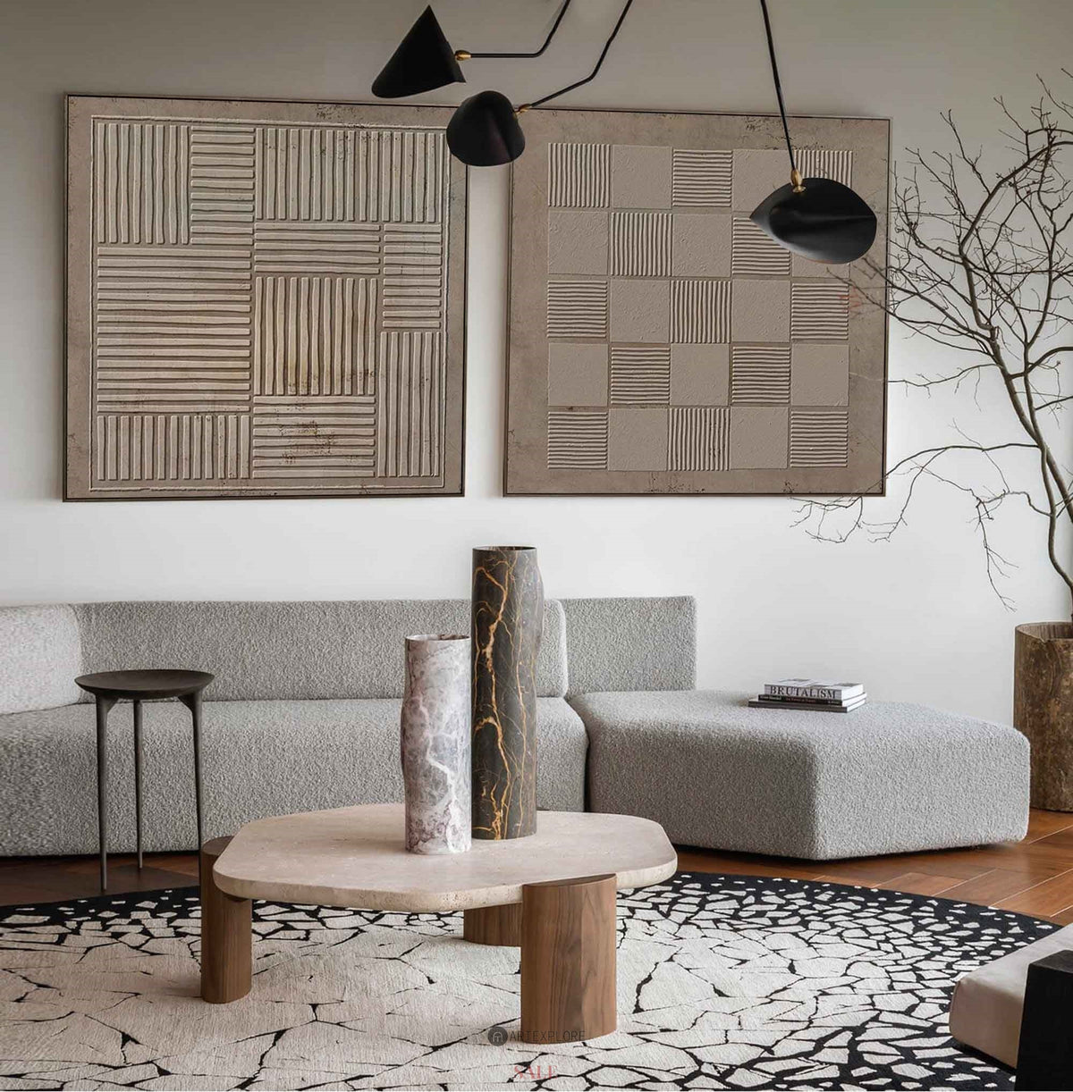 Neutral Beige‑Taupe Geometric Diptych Abstract  Raised Linear Textured Artwork