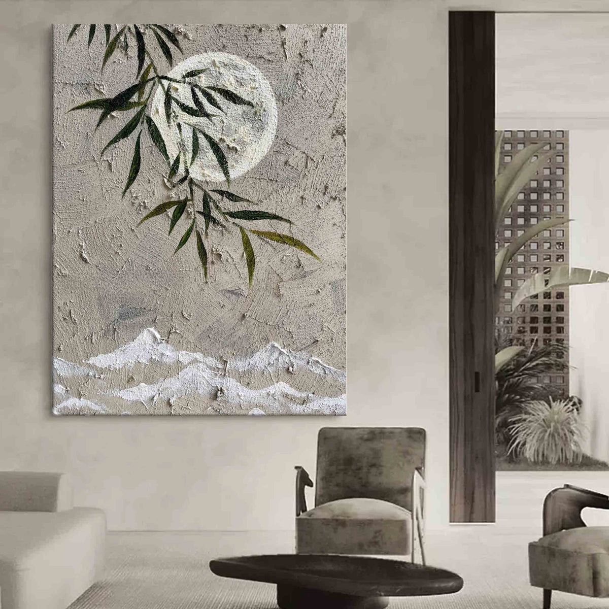 Muted Neutral Textured Moon Willow Mountain Oil Painting
