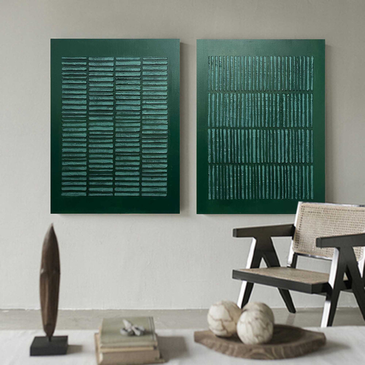 Deep Teal Textured Geometric Diptych Oil Painting