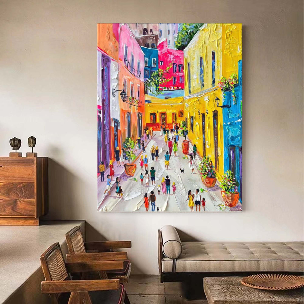 Vibrant Mediterranean Street Painting Impasto Textured