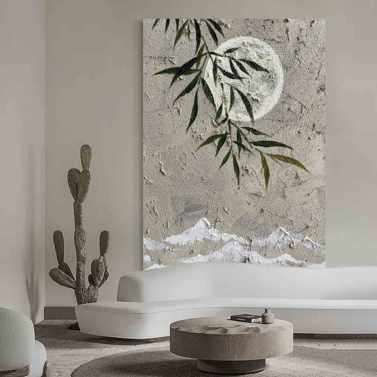 Muted Neutral Textured Moon Willow Mountain Oil Painting