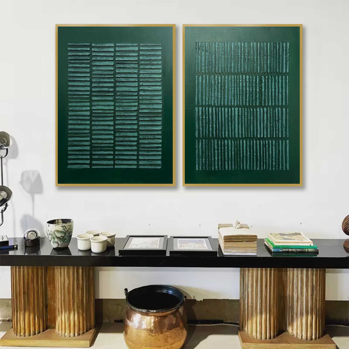 Deep Teal Textured Geometric Diptych Oil Painting