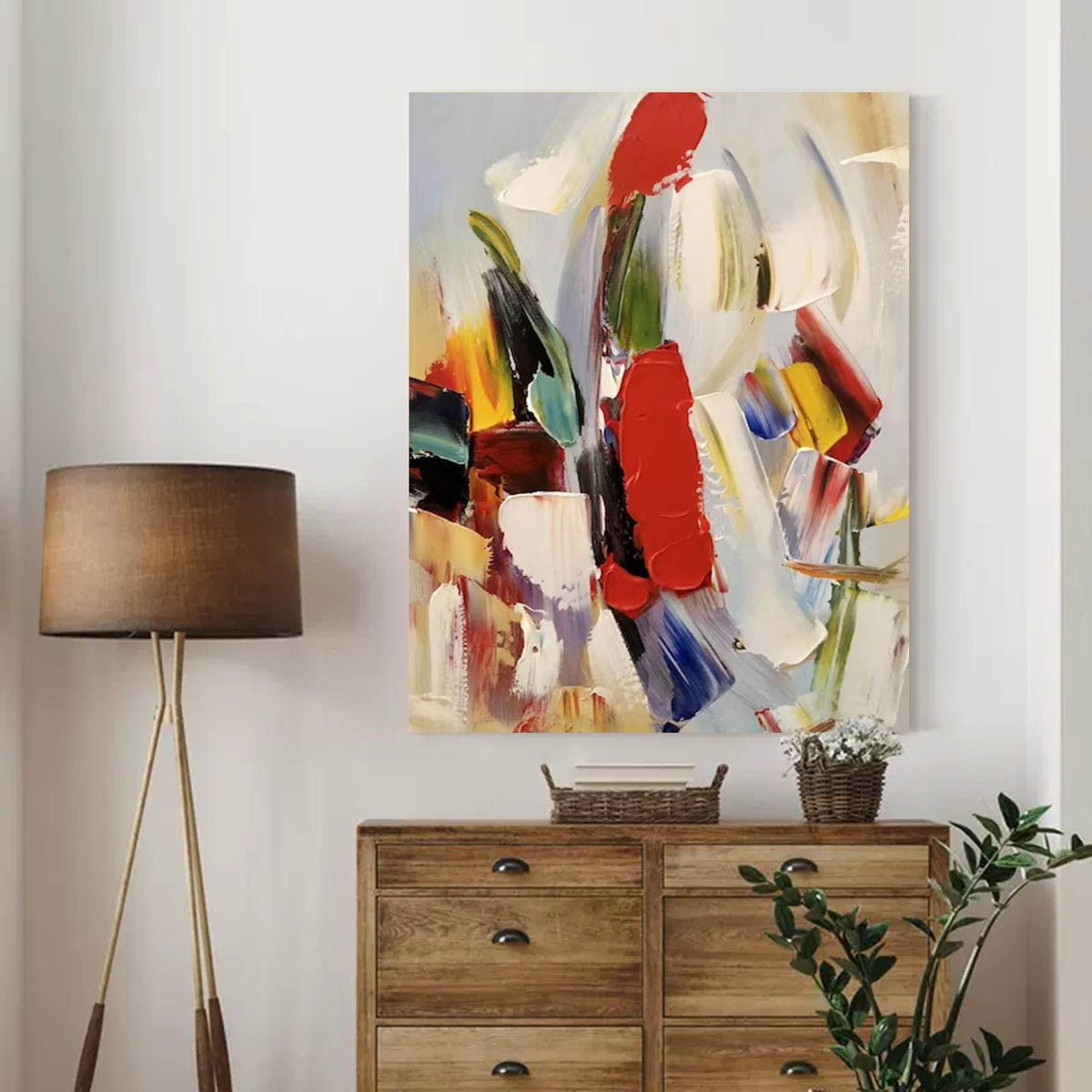 Bold Red Accent Impasto Abstract Oil Painting
