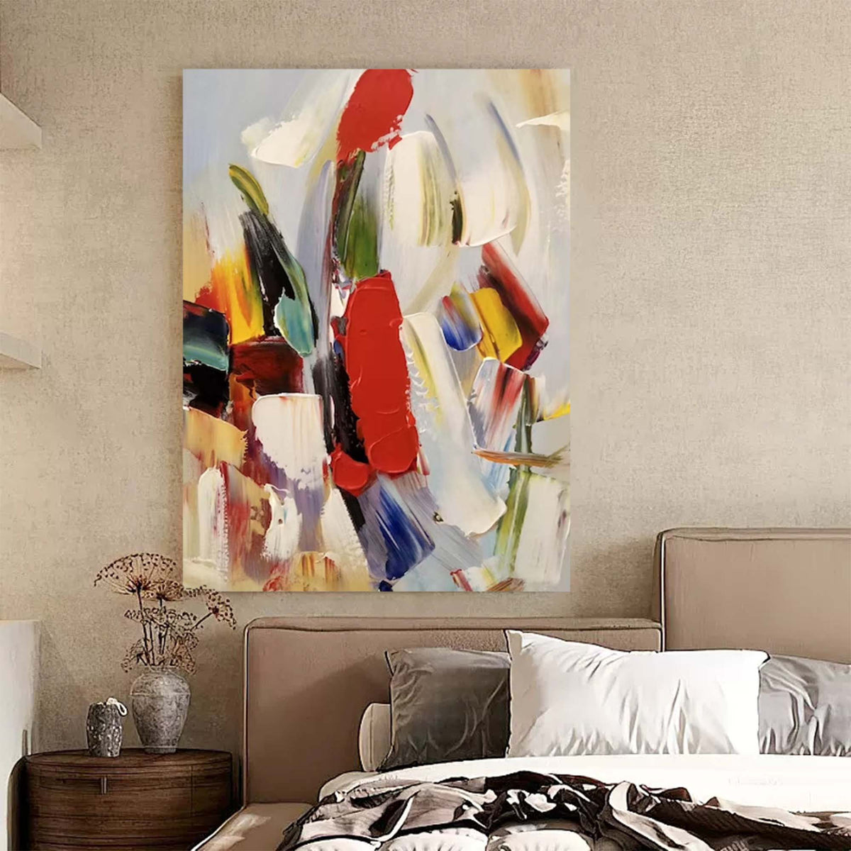 Bold Red Accent Impasto Abstract Oil Painting