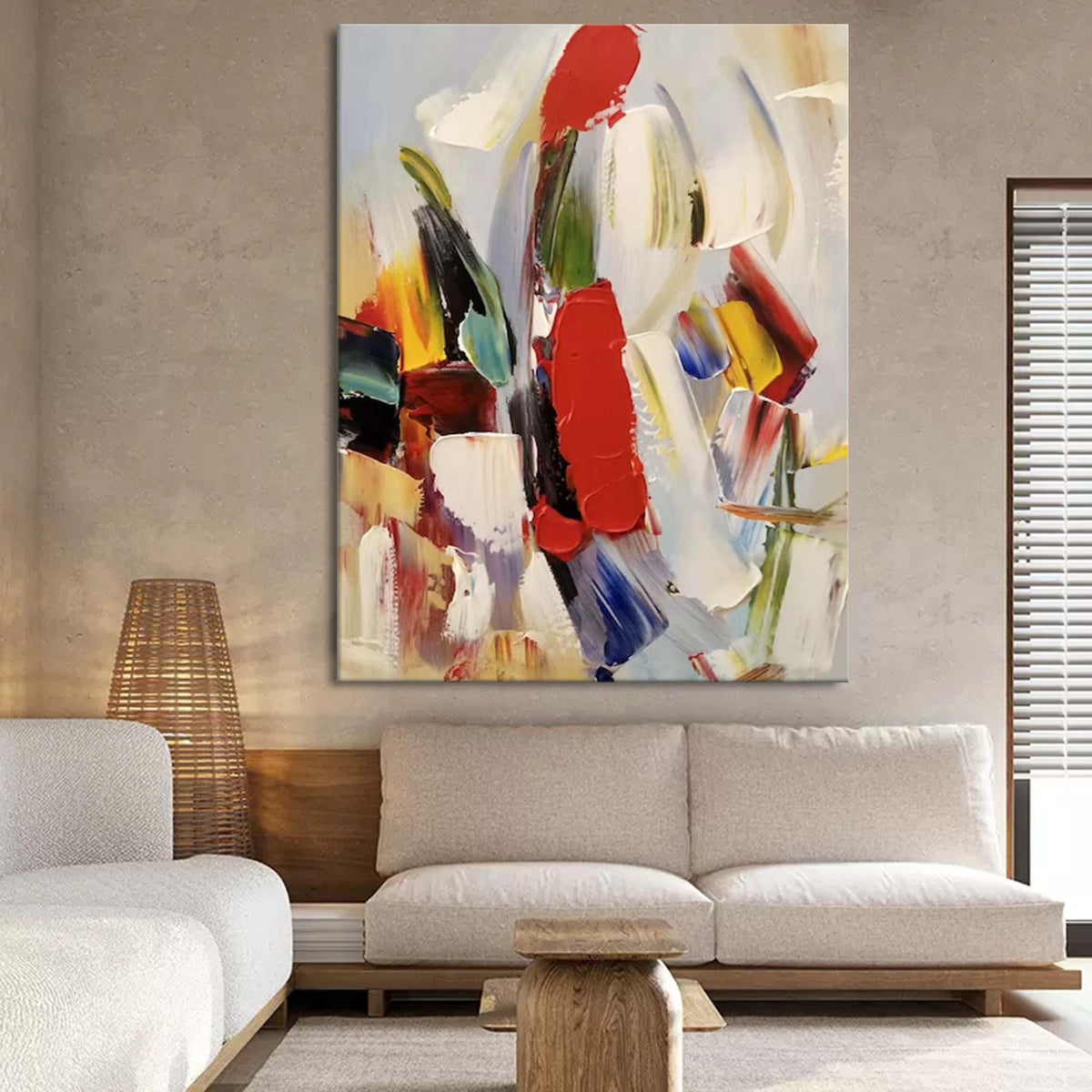 Bold Red Accent Impasto Abstract Oil Painting