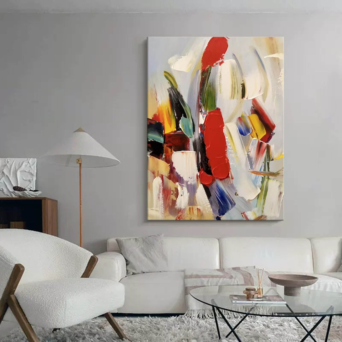 Bold Red Accent Impasto Abstract Oil Painting