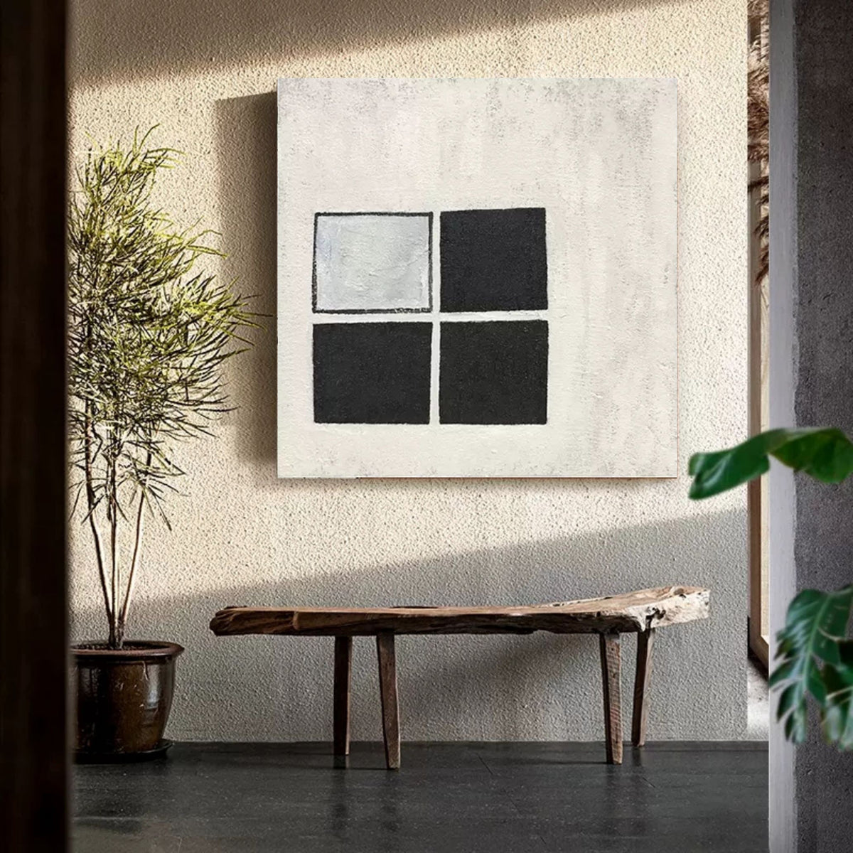 Wabi-Sabi Minimalist Black and White Grid Impasto Oil Painting
