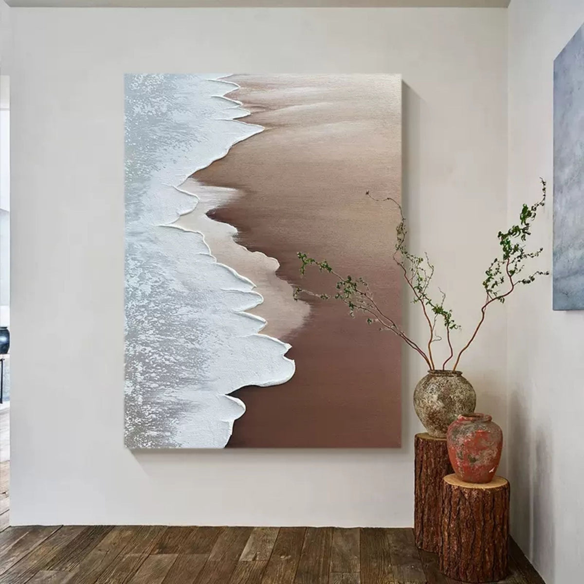 Minimalist Beach Wave Bas-Relief Painting