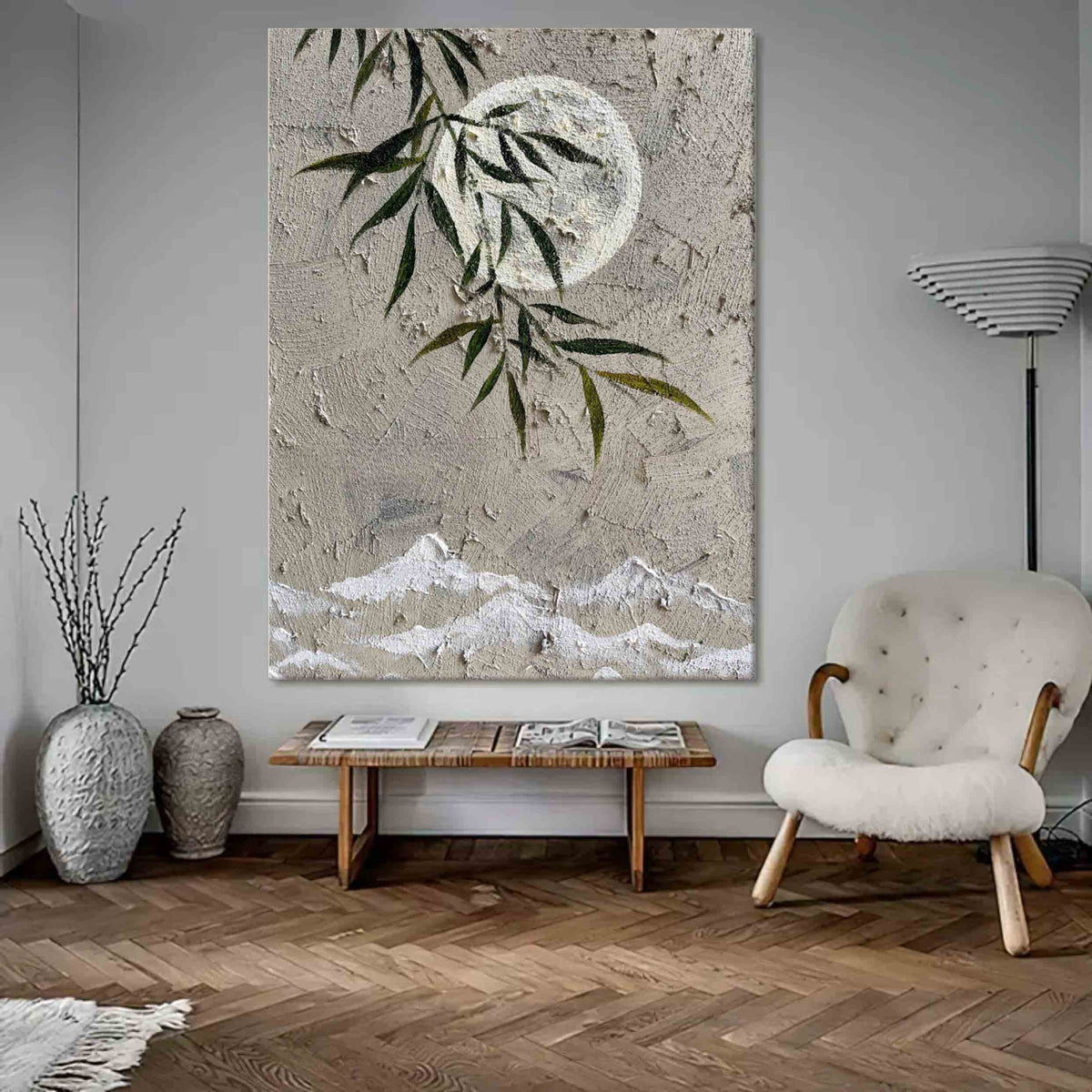 Muted Neutral Textured Moon Willow Mountain Oil Painting