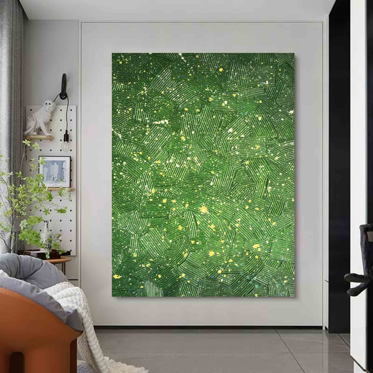 Lush Green Textured Geometric Oil Painting