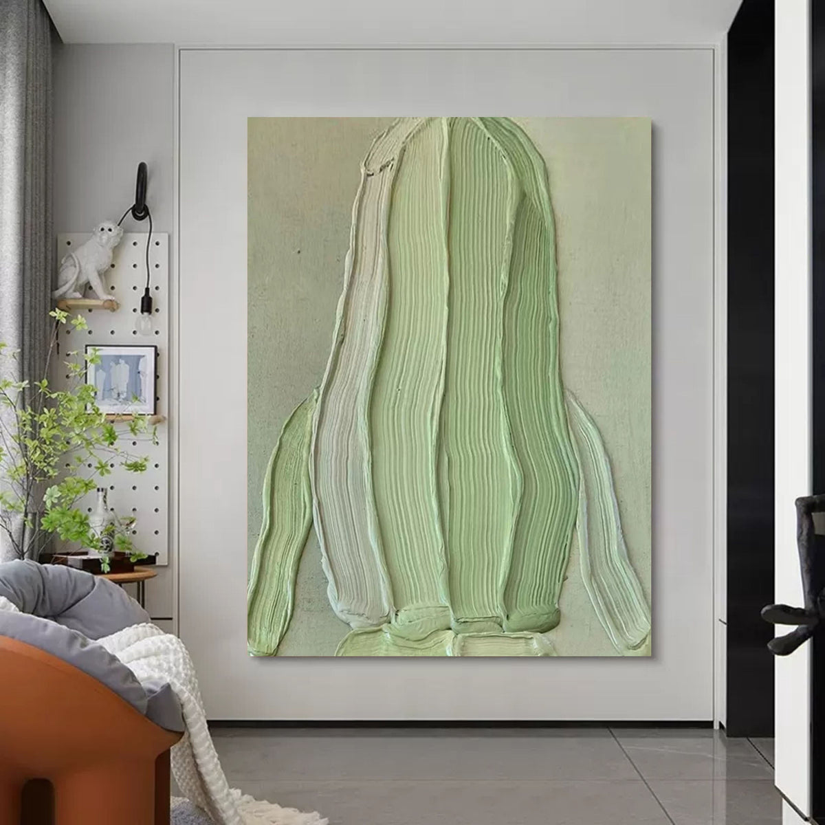 Soft Green Impasto Textured Organic Form Wall Art
