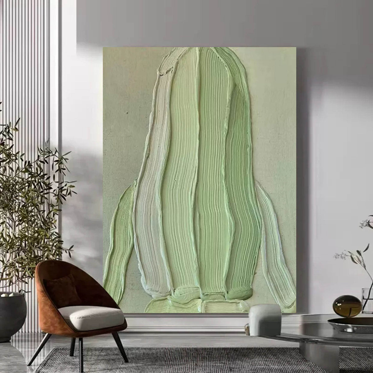 Soft Green Impasto Textured Organic Form Wall Art