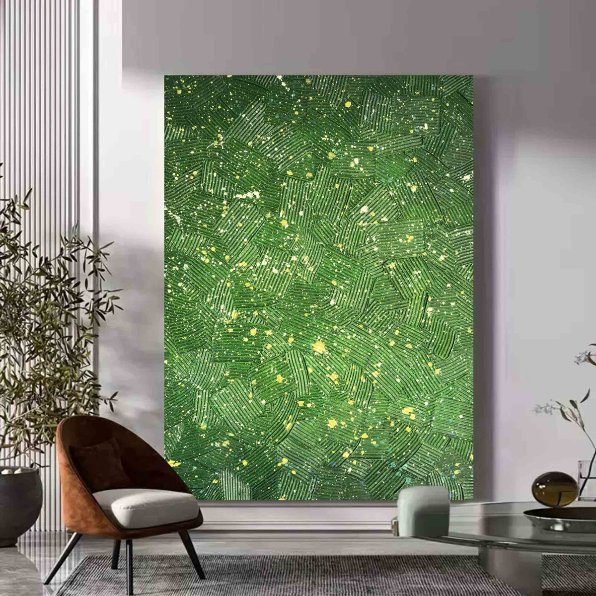 Lush Green Textured Geometric Oil Painting