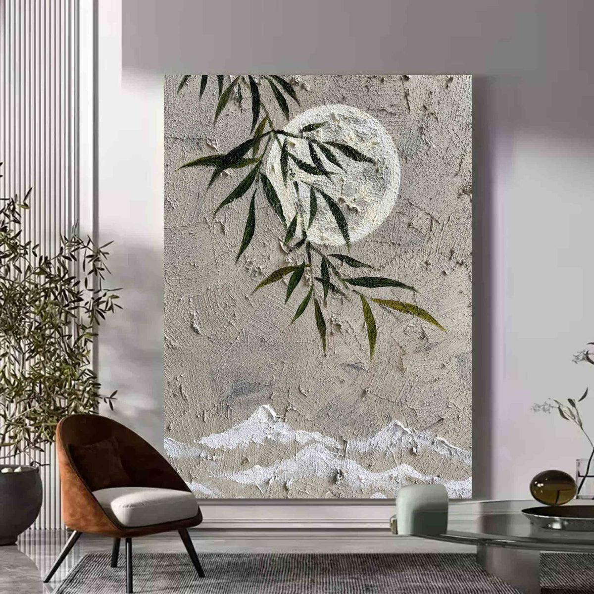 Muted Neutral Textured Moon Willow Mountain Oil Painting
