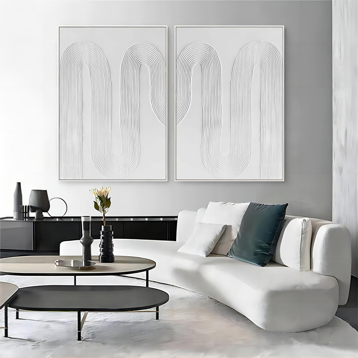 Minimalist White Curved Line Textured 2 Piece Wall Art